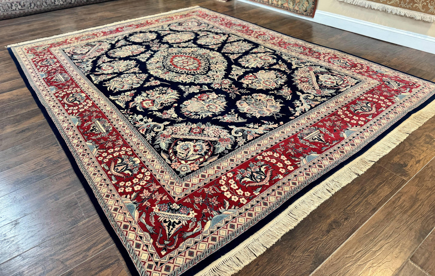 Sino Persian Rug 8x10, Floral Kirman Carpet, Navy Blue and Red, Floral Vases, Handmade Vintage Wool Carpet, 320 KPSI