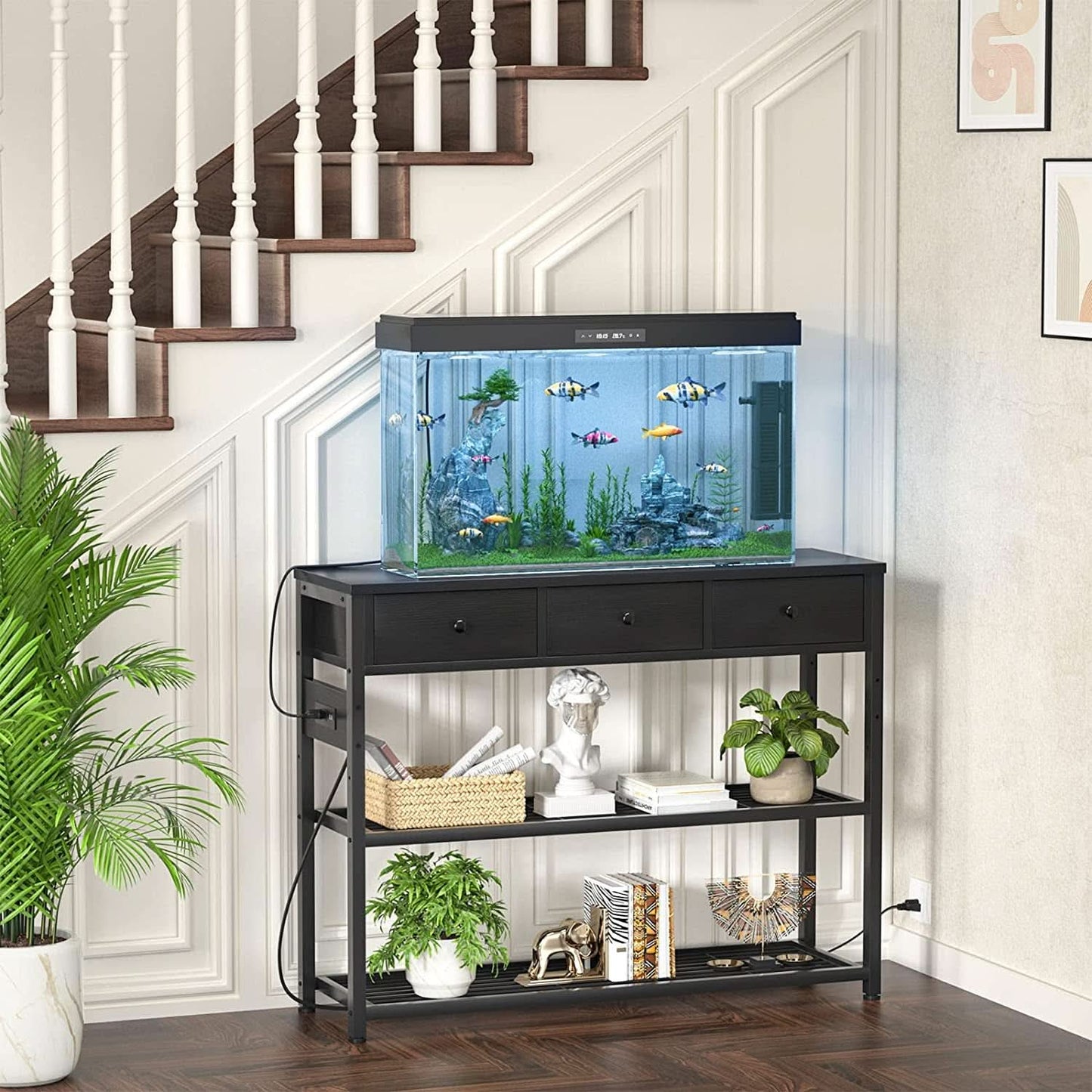 Black Console Table With USB Ports And Outlets For Living Room