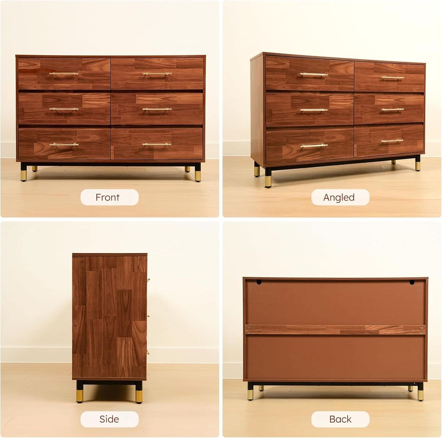 Walnut Dresser Six Drawer Storage Organizer Cabinet