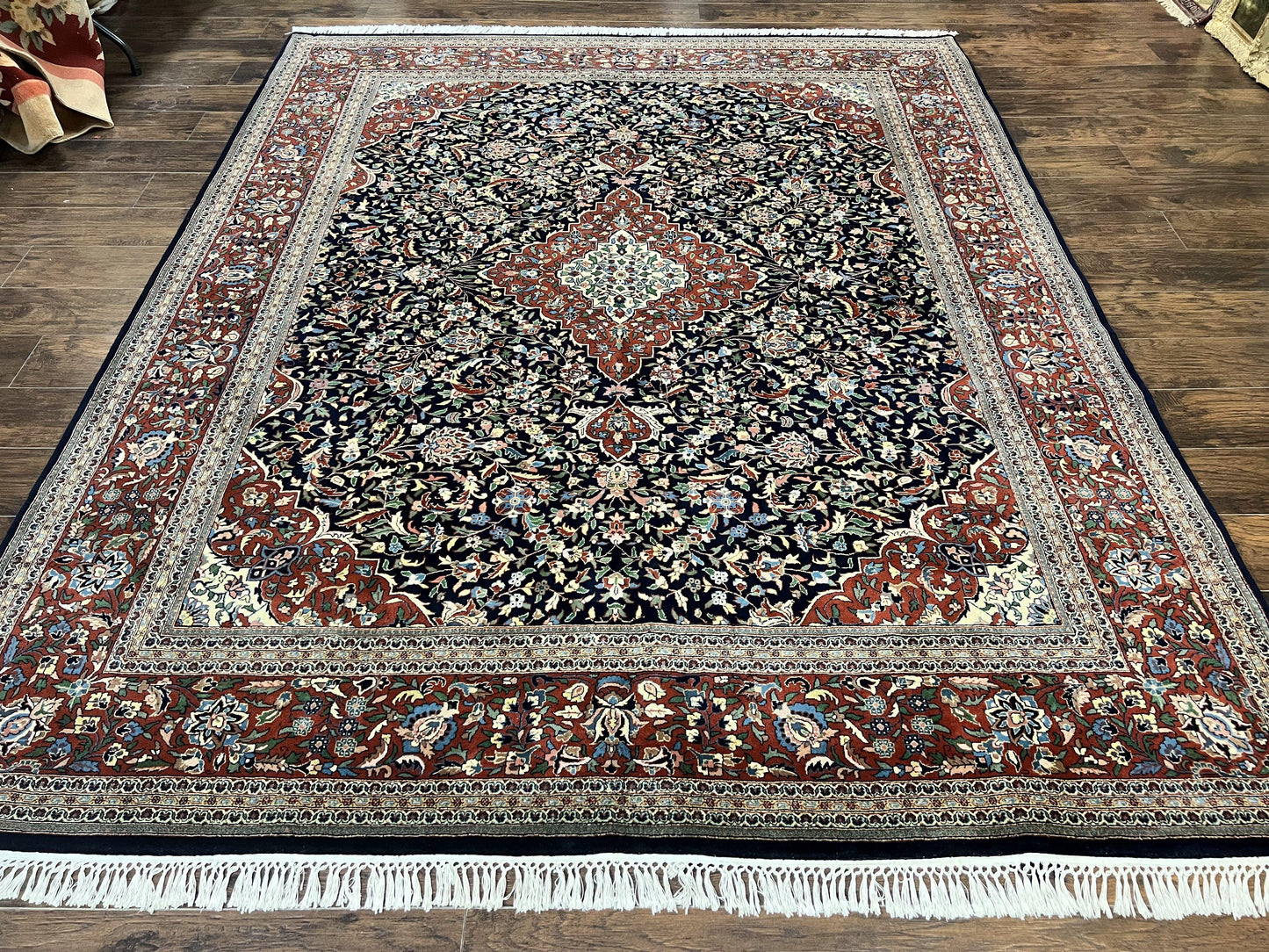 Indo Persian Rug 8x10, Floral Medallion, Vintage Handmade Wool Carpet, Navy Blue and Red, Fine 300 KPSI