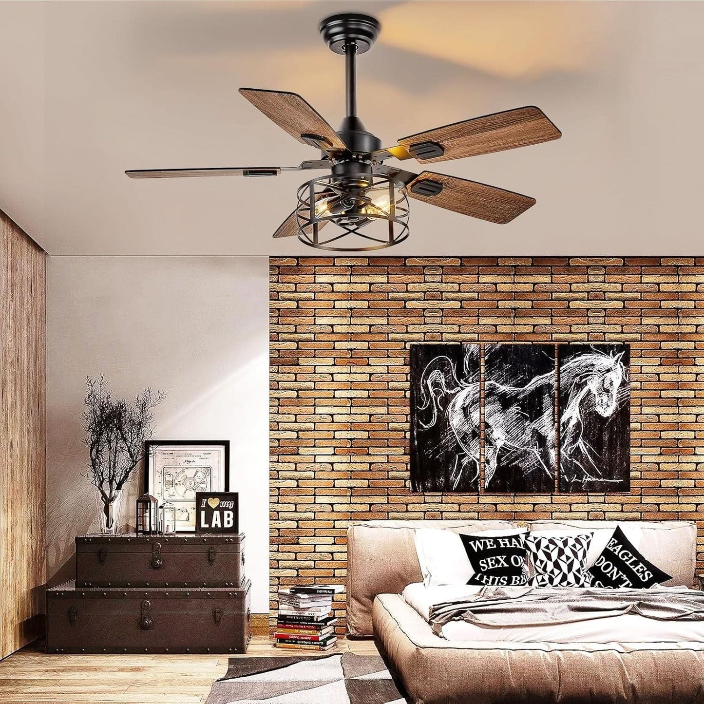 42 Inch Farmhouse Cage Ceiling Fan With Remote E26 Bulbs