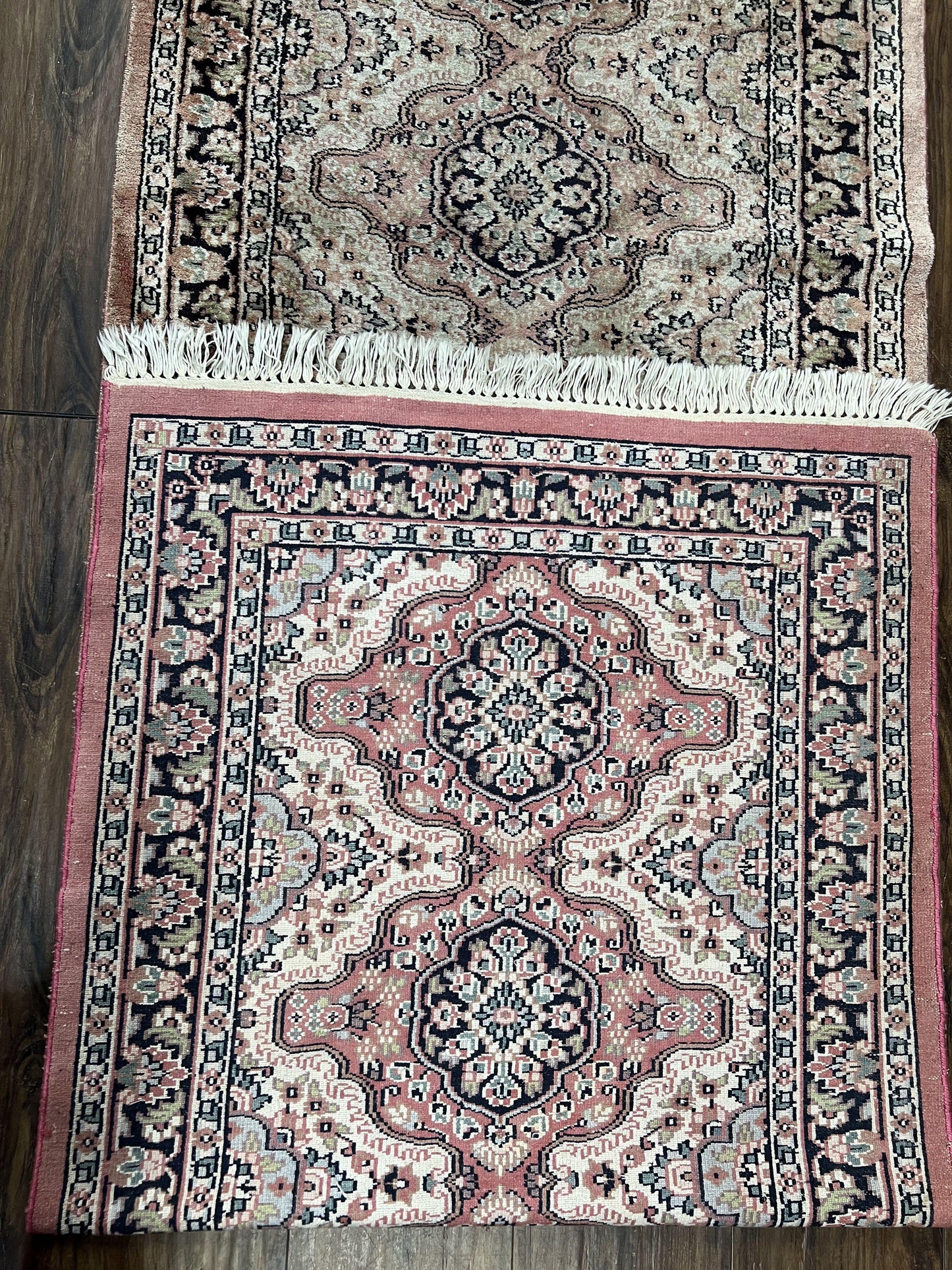 Silk Kashmiri Runner 2.7 x 10 ft Vintage Rug, Ivory Pastel Pink, Hand-Knotted Vintage Runner, Hallway Carpet, Indian Rug Medallion Runner