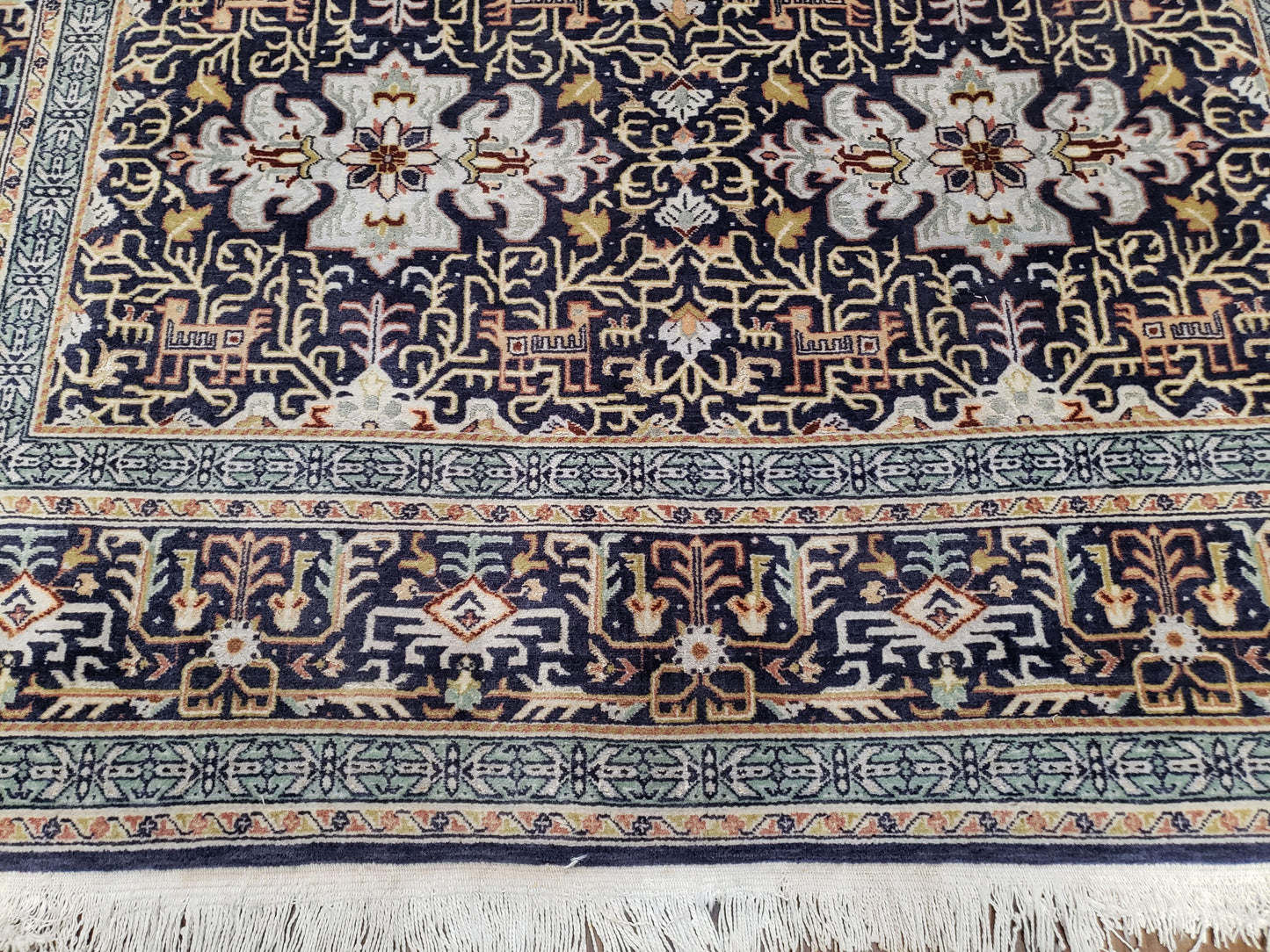 Semi-Antique Persian Kashan Rug, Midnight Blue & Ivory, Hand-Knotted, Wool, 4' 8" x 7' 4", Pair A