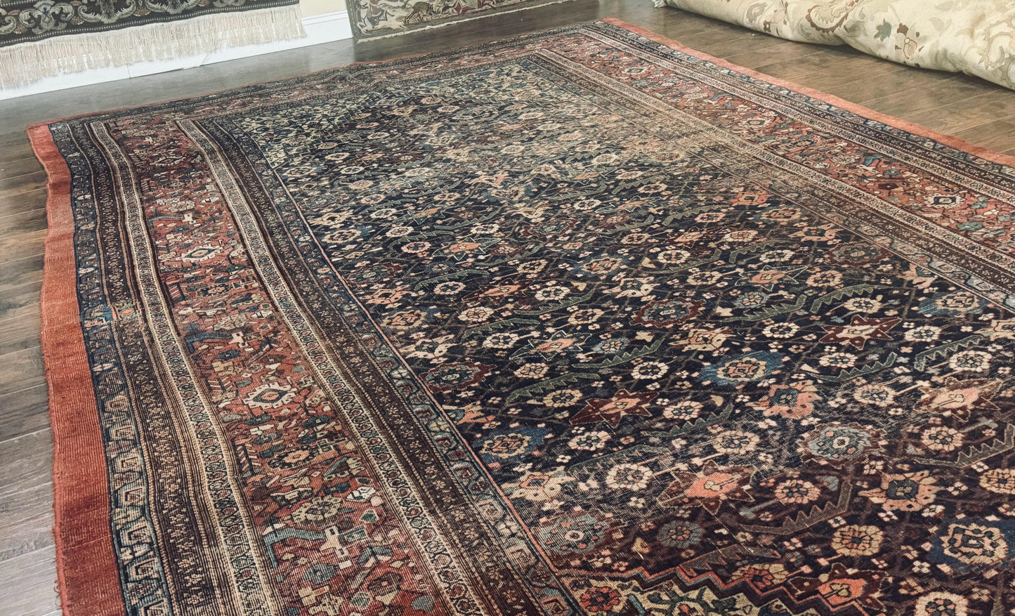 Antique Persian Bidjar Rug 8x15 – Navy Blue, Herati Pattern, Early 20th Century