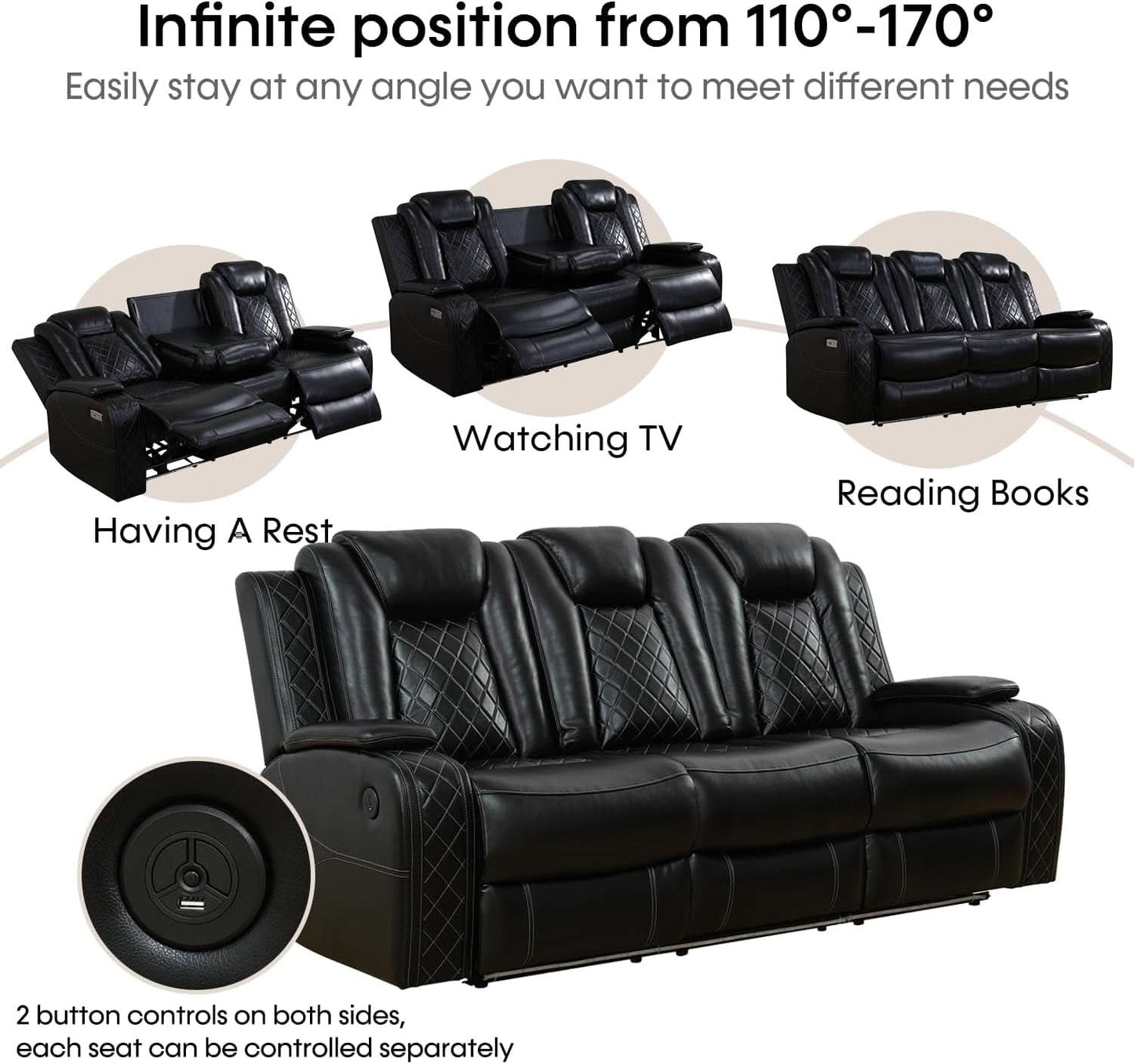 Black Leather Power Recliner Sofa Set With USB Ports