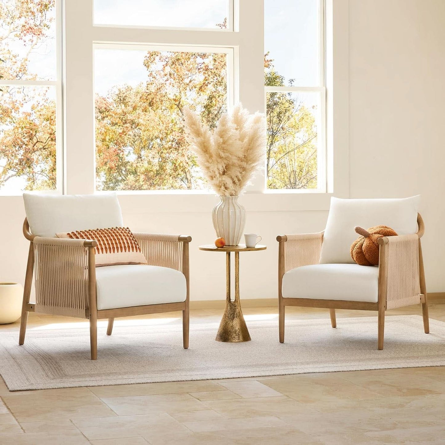 Cream Braided Accent Armchair With Wooden Armrests