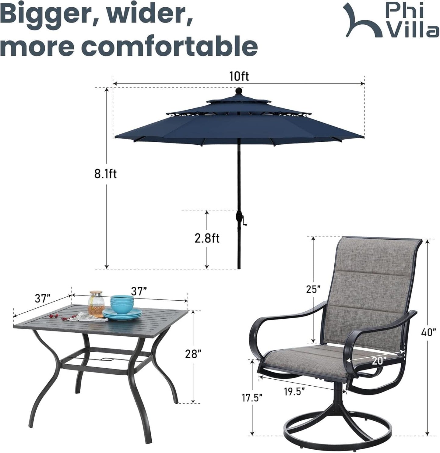 Patio Dining Set for 4 With Navy Umbrella and Padded Chairs