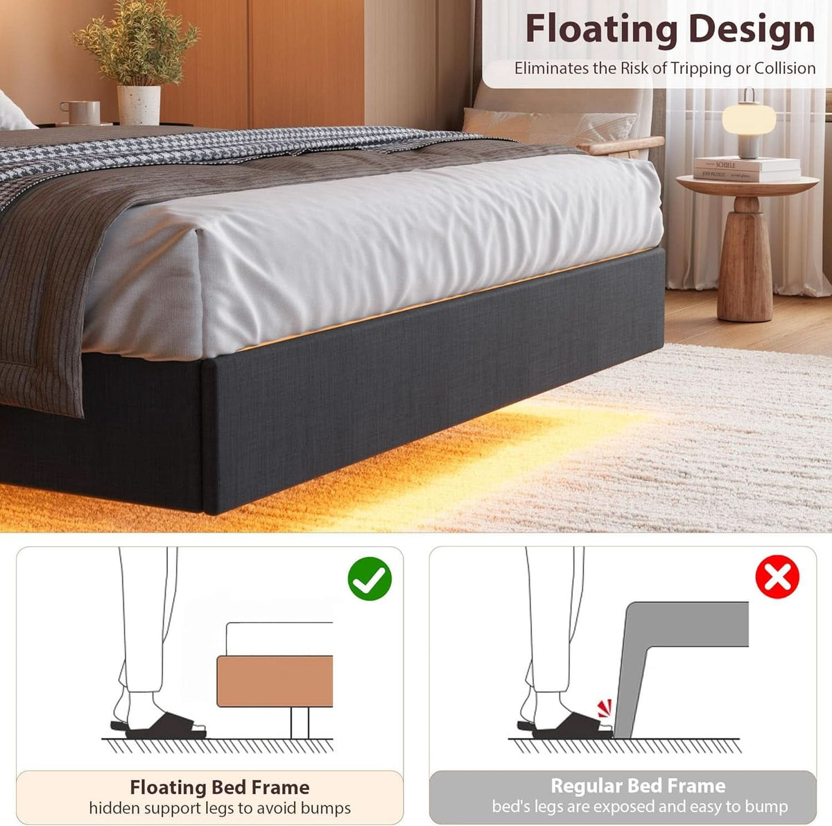 Black Floating Full Bed Frame With Storage Headboard