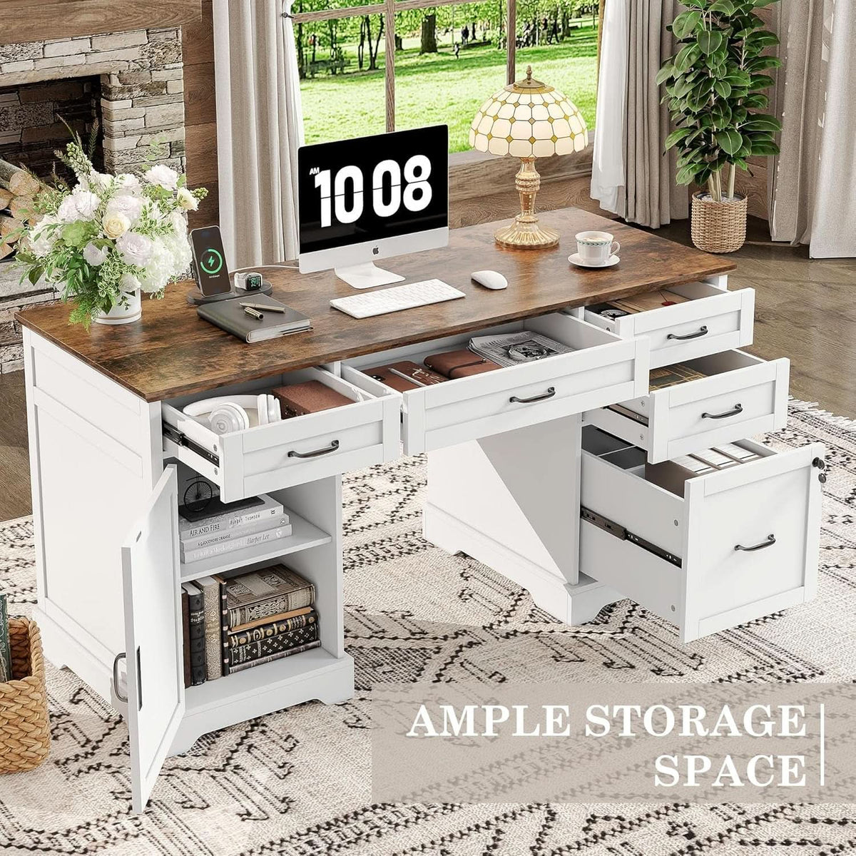 55 Inch Farmhouse Executive Desk With File Cabinet And Power Outlets