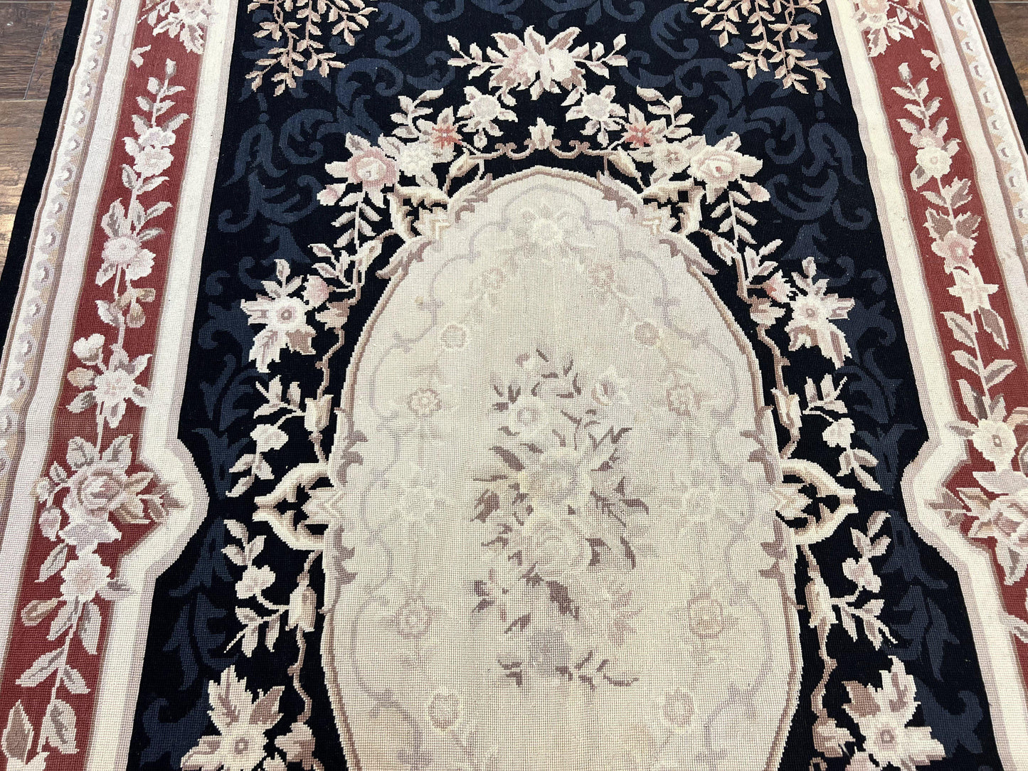 Needlepoint Rug 5x8, Wool Handmade Vintage European Design Carpet, Black & Maroon, French Aubusson Pattern Flatweave Rug