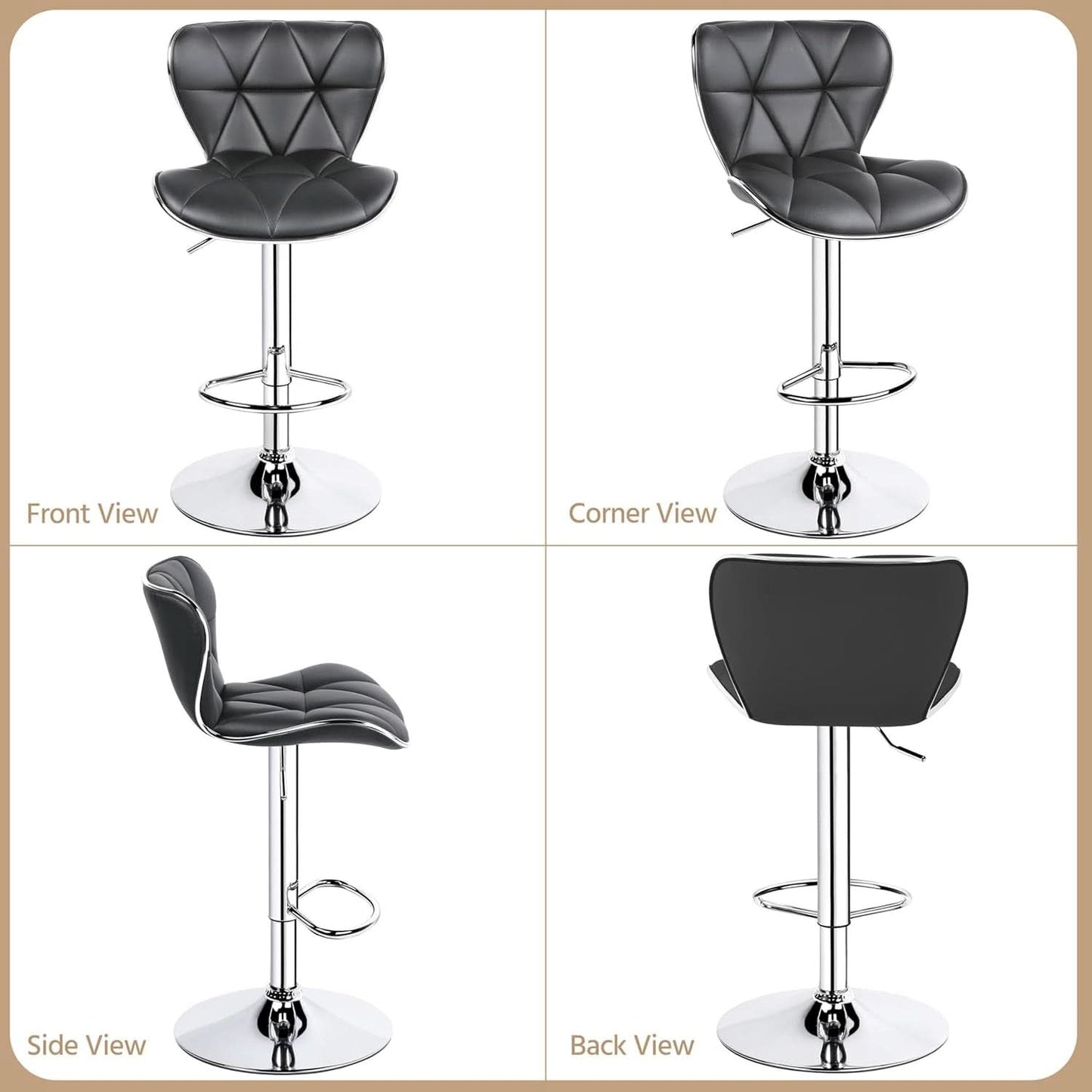 Grey Adjustable PU Leather Swivel Bar Stools Set of 2, Counter Height