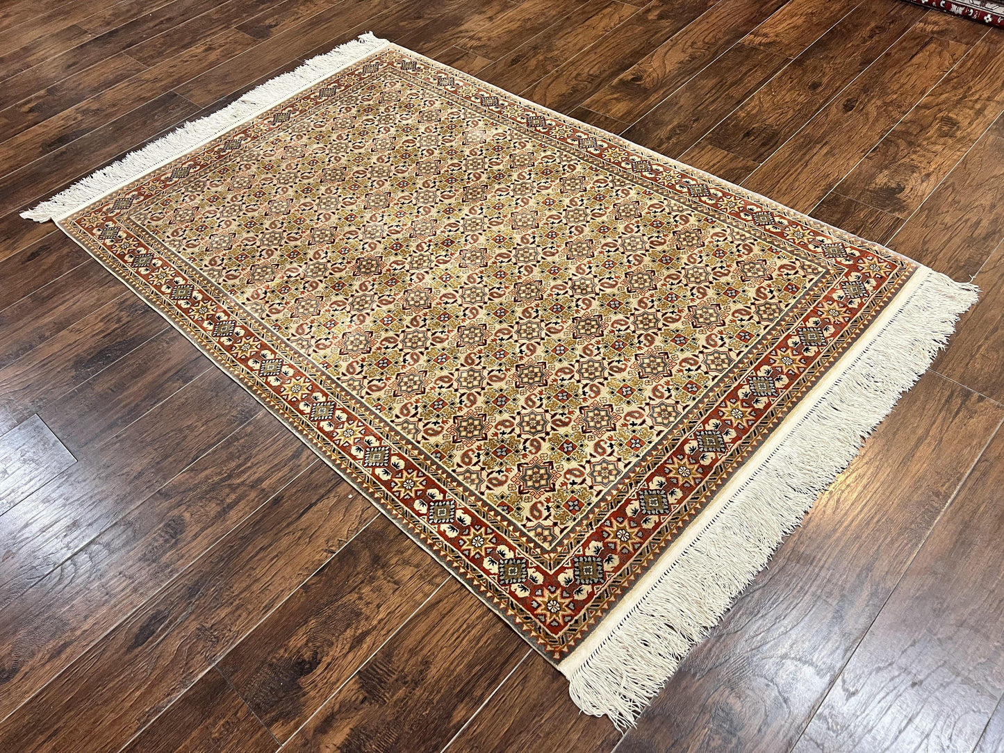 Turkish Kayseri Silk Rug 4x6, Hand Knotted Handmade Vintage Allover Pattern, Fine Silk Oriental Carpet 4 x 6 ft, Traditional Rug, Cream