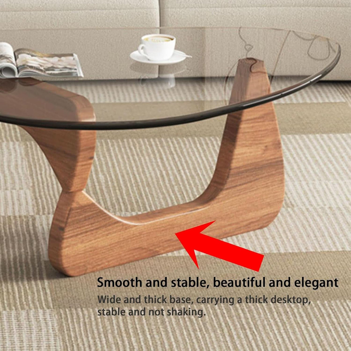 Walnut Clear Glass Oval Coffee Table Diameter 32.68 Inch