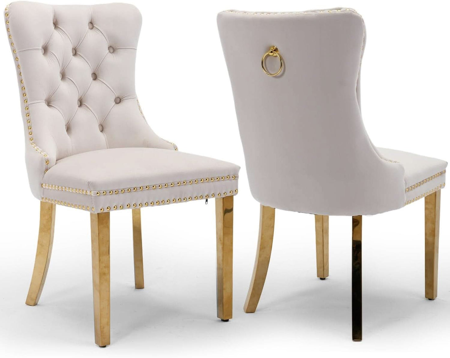 Beige Velvet Dining Chairs Set Of 2 With Tufted Upholstery
