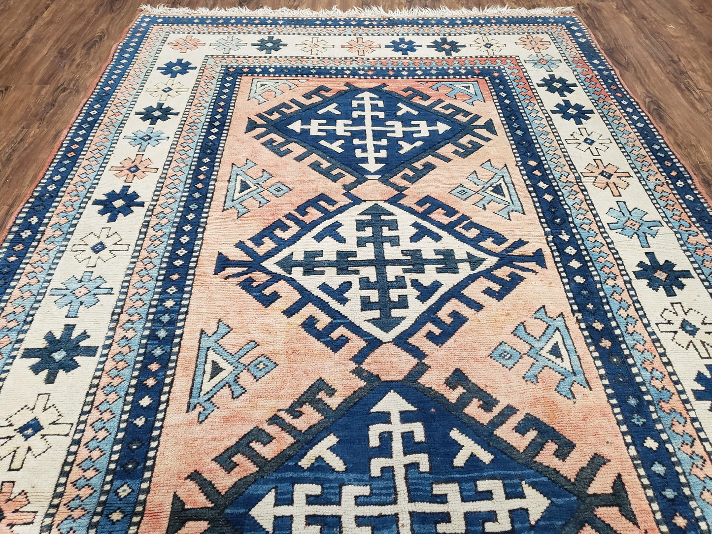 Turkish Kazak Rug 5x8 ft, Bold Geometric Bohemian Carpet, Blue and Ivory Hand Knotted Area Rug, Medium Sized High Quality Wool Oriental Rug