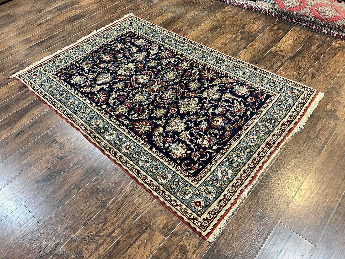 Blue Persian Qum Rug 5x7, Very Fine and Wonderful Authentic Persian Carpet, Wool Hand Knotted Vintage Semi Antique Oriental Rug, Floral, Ghom Qom Rug