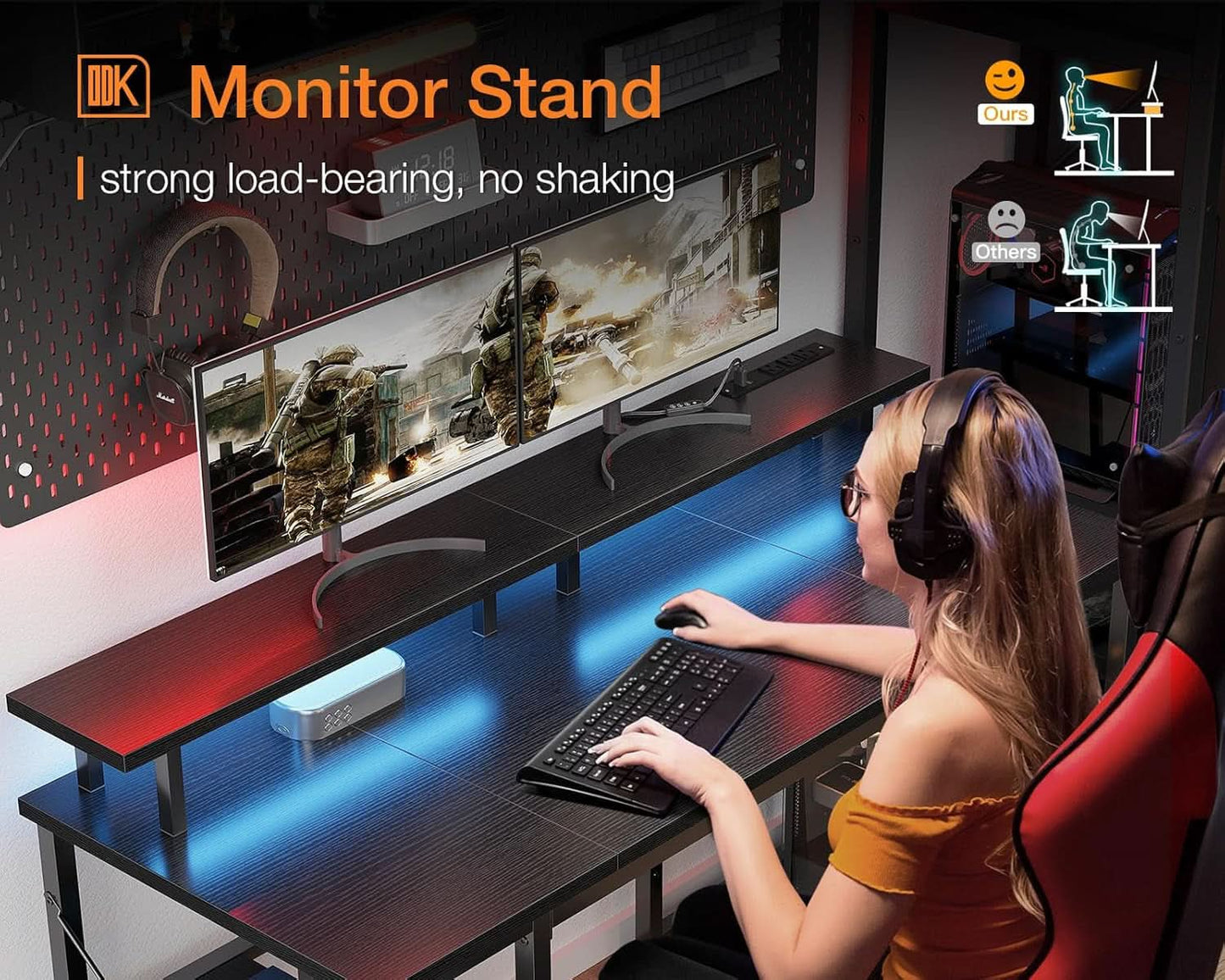 48 Inch LED Gaming Desk With Monitor Stand And USB Ports