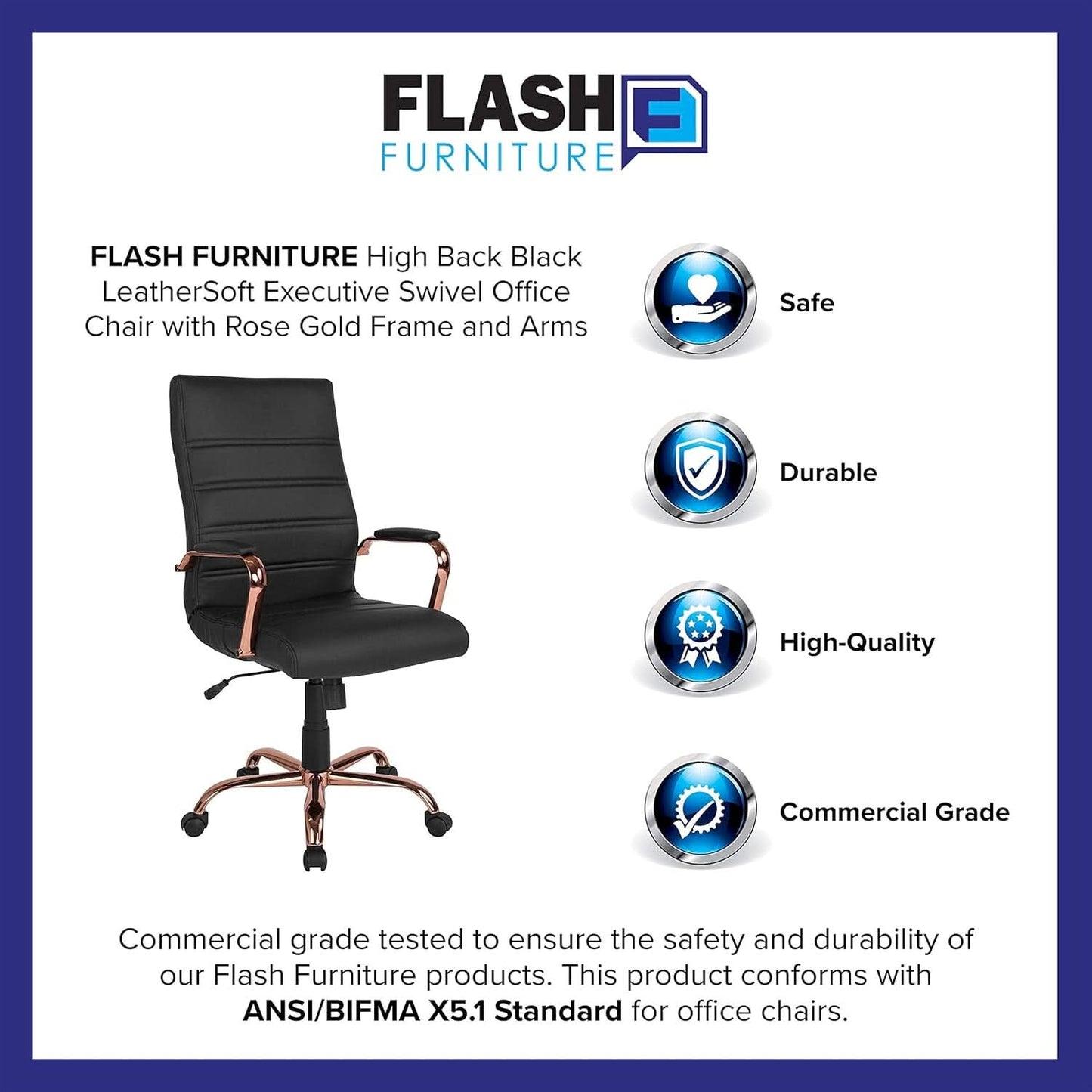 Whitney High Back Swivel Desk Chair Black Rose Gold