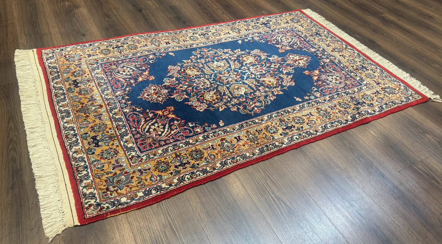 Blue Persian Qum Rug 3.6 x 5, Floral Medallion, Fine 310 KPSI