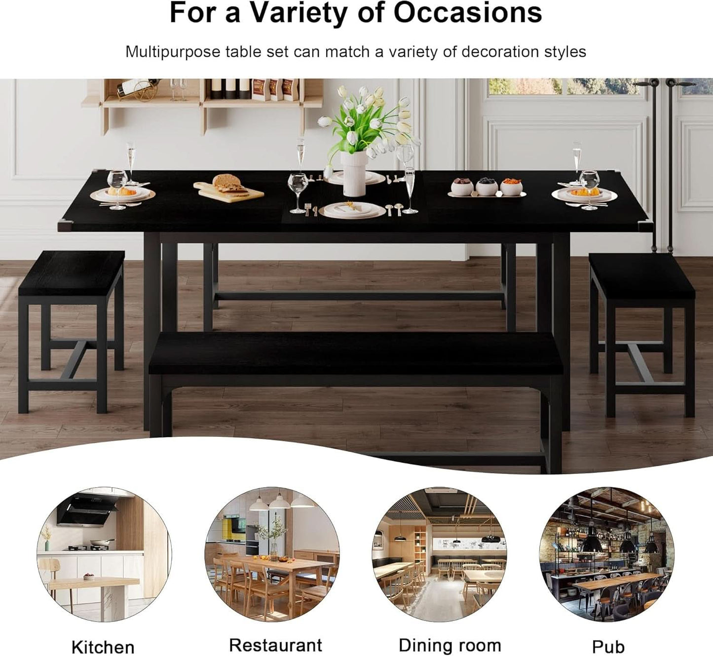 63 Inch Extendable Dining Table Set Black For 4 To 8