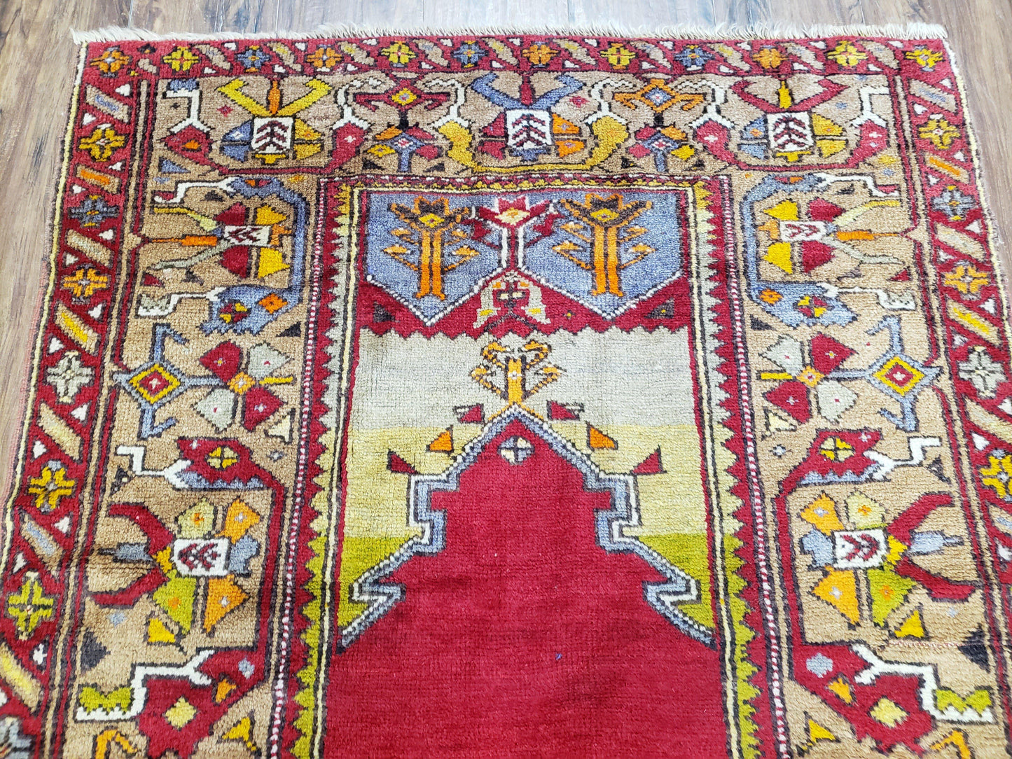 Antique Turkish Prayer Rug 3.8 x 5ft, Colorful Prayer Rug, Red Blue Gold Multicolor Turkish Anatolian Carpet, Handmade Hand-Knotted, Wool