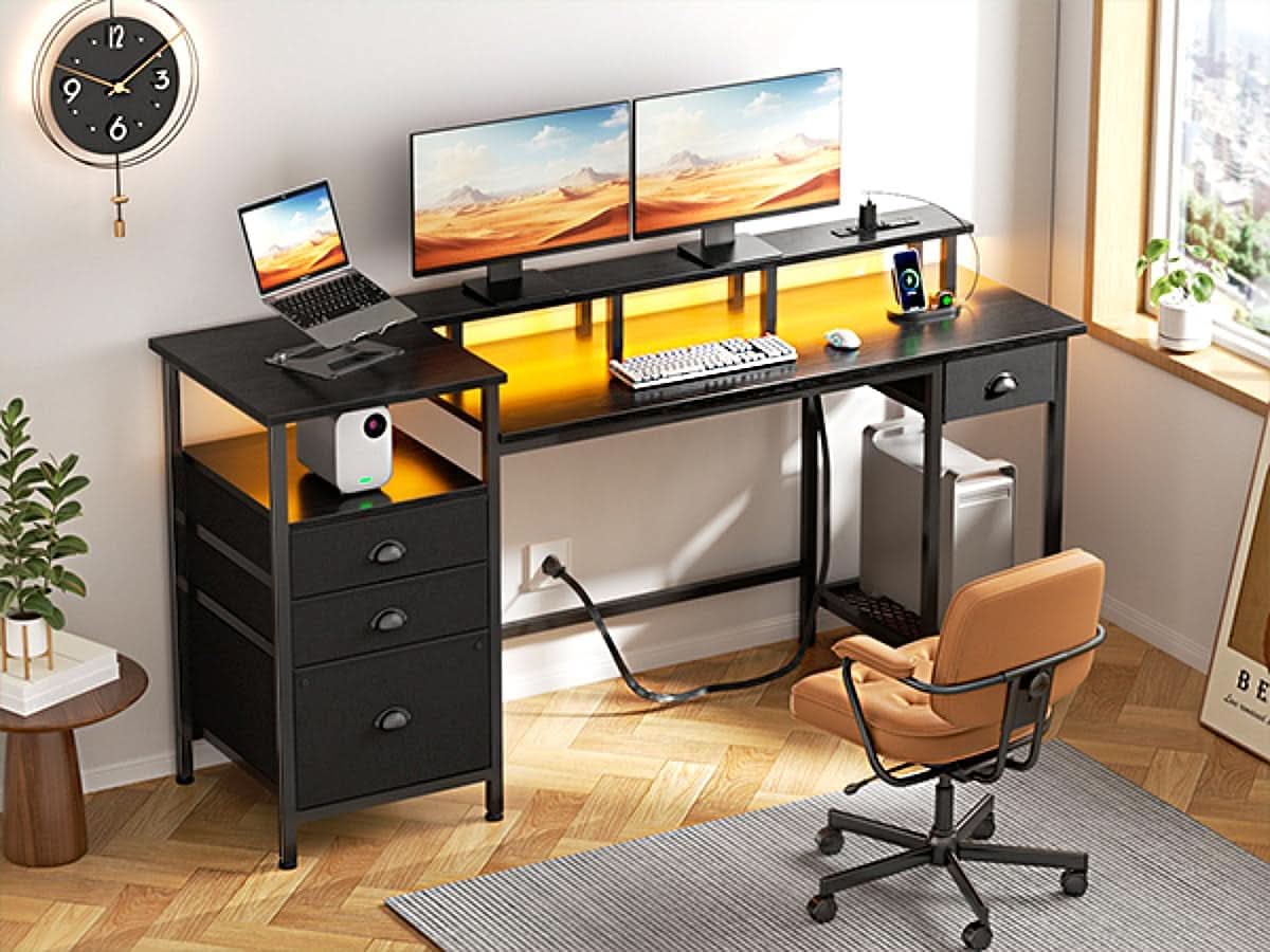 Black 60 Inch Computer Desk With 4 Drawers And Led Lights