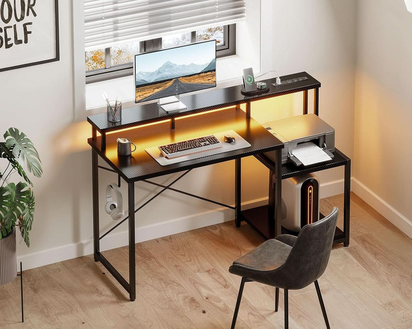 48 Inch LED Gaming Desk With Power Outlet And Shelves