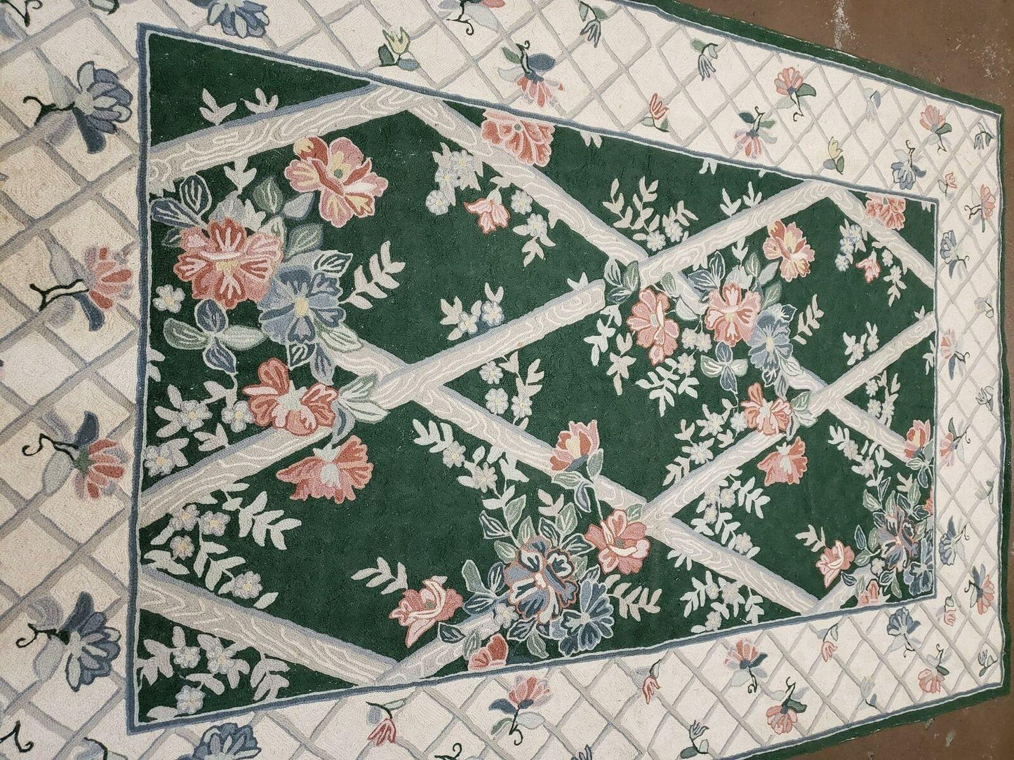 3' 6" X 5' 6" Hand Stitched Indian Wool Rug with Backing Green Beige