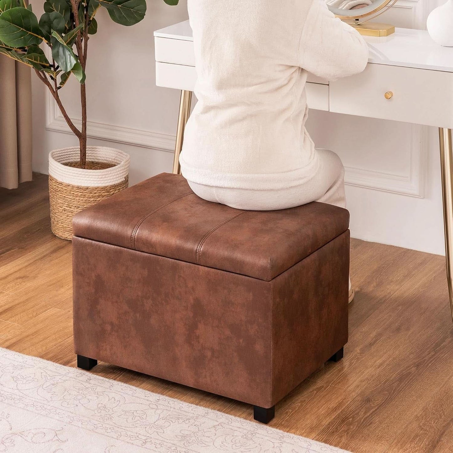 Leather Storage Ottoman Bench 24 Inches Rectangular