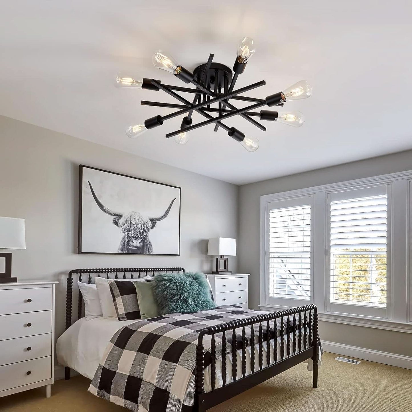 8 Light Matte Black Sputnik Chandelier Semi Flush Mount