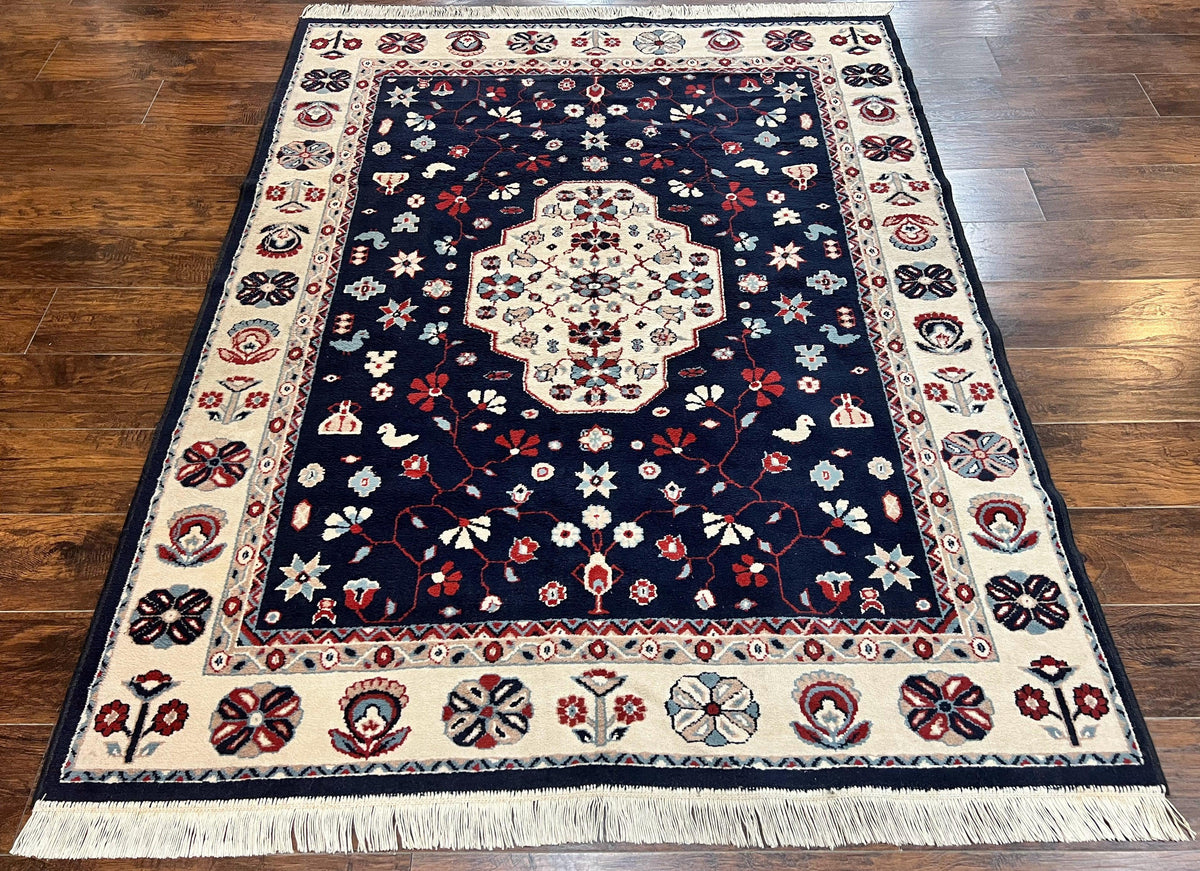 Belgium Power Loomed Rug 5.6 x 7, Navy Blue and Ivory, Heriz Pattern, Vintage Oriental Carpet