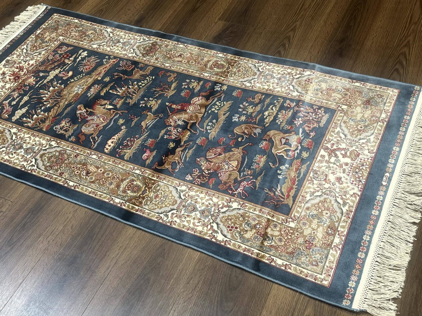 Turkish Silk Hunting Scene Rug 2.6 x 5, Dark Steel Blue & Ivory, Bamboo Silk, New