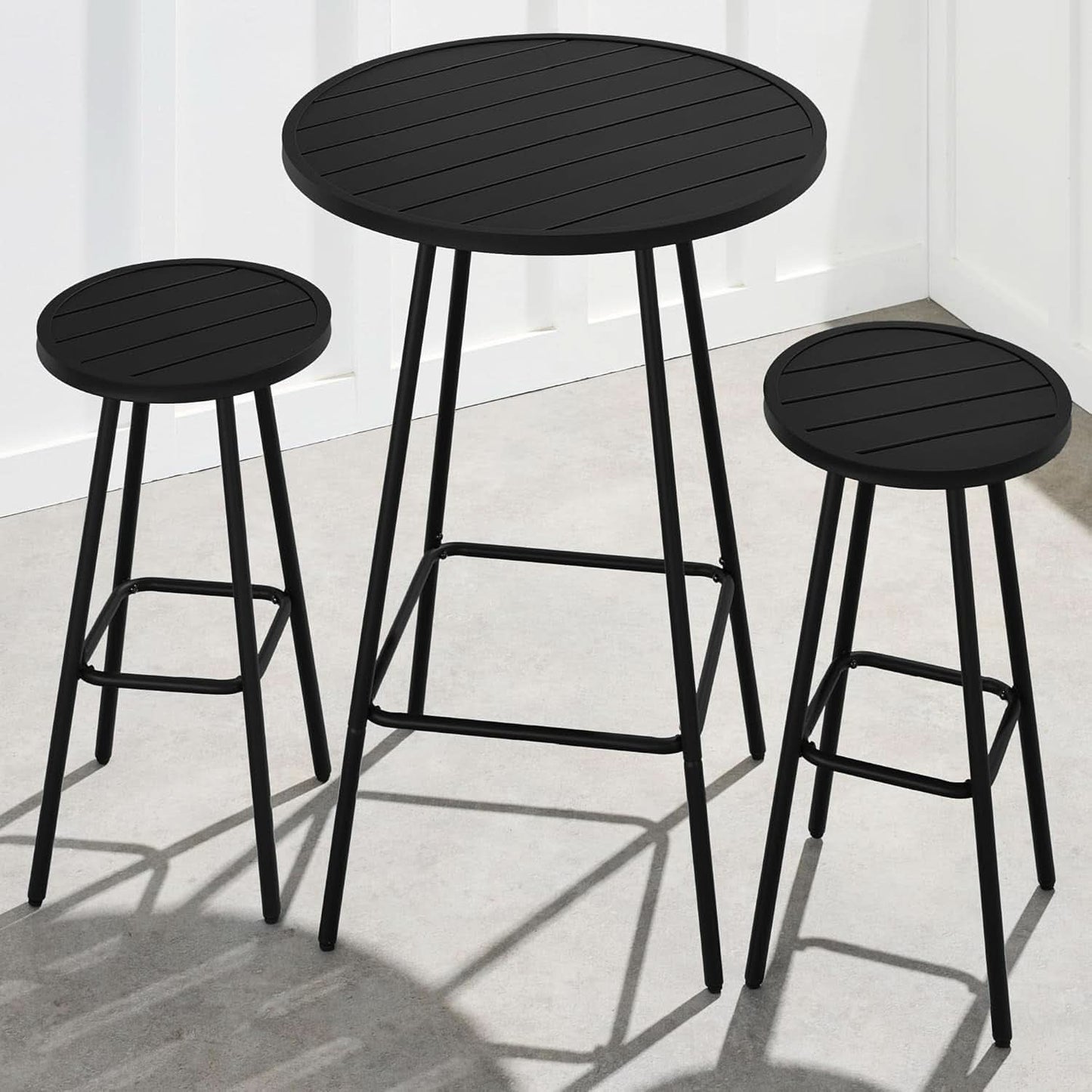 3 Piece Bar Height Patio Bistro Set Black Round Table With Backless Stools Patio Furniture Set