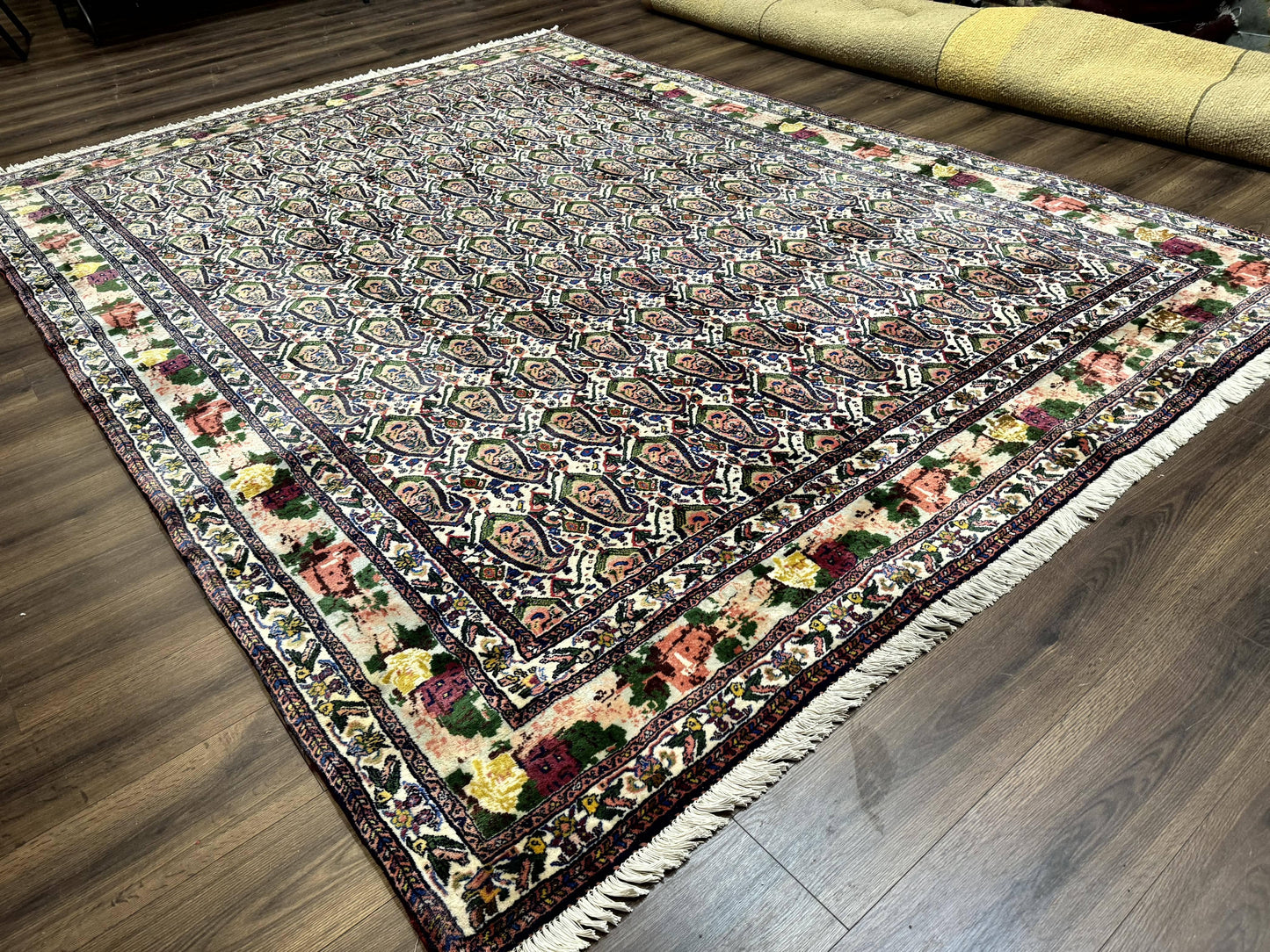 Persian Rug 8x11, Boteh Design, Repeated Paisleys, Persian Kurdish Rug, Bird Pictorials, Rare Antique Persian Kurdish Sannadaji Carpet