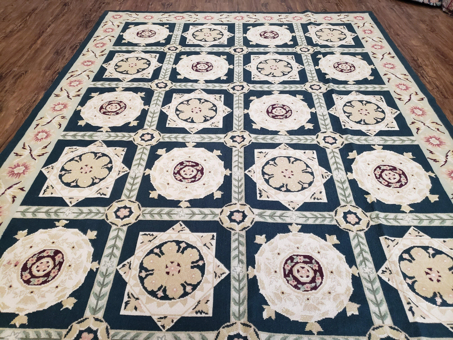 Vintage Chinese Needlepoint Rug 6x9, Panel Design Area Rug Wool Hand-Woven Black & Ivory Carpet Flat Weave Bedroom Rug 6 x 9 Living Room Rug