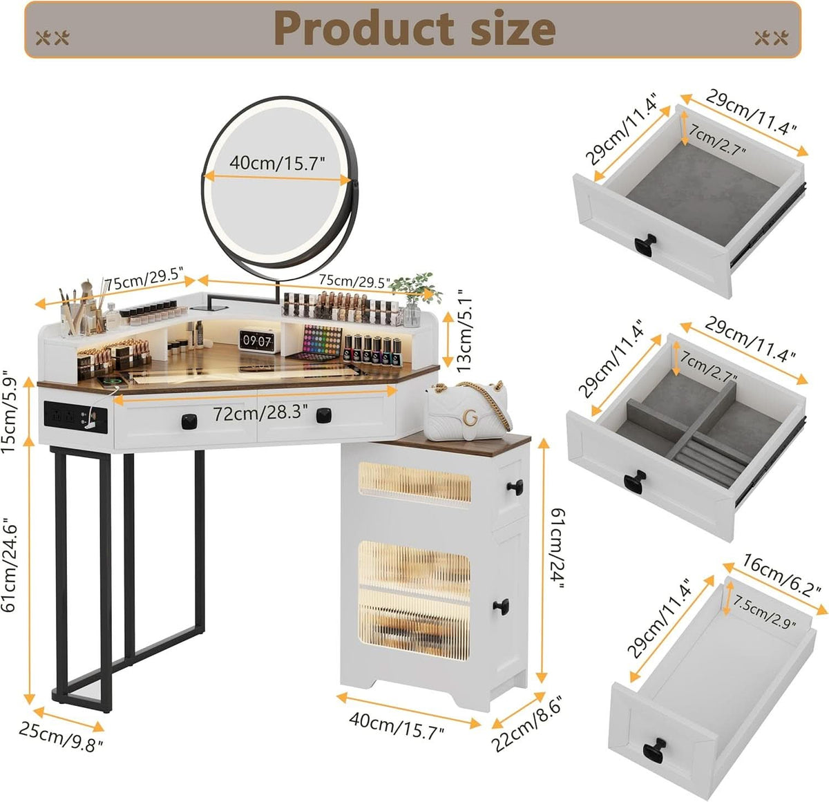 White Corner Vanity Mirror With Built In Charging Station