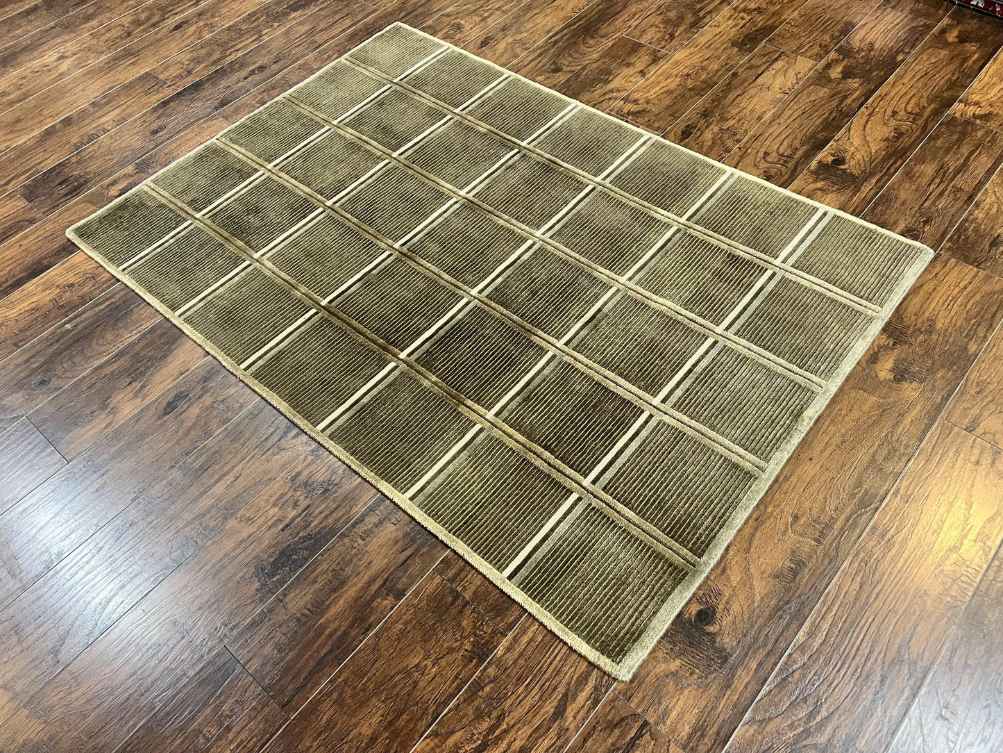 Tibetan Rug 4x6, Green Wool Handmade Area Rug 4 x 6, Panel Design, Modern Contemporary