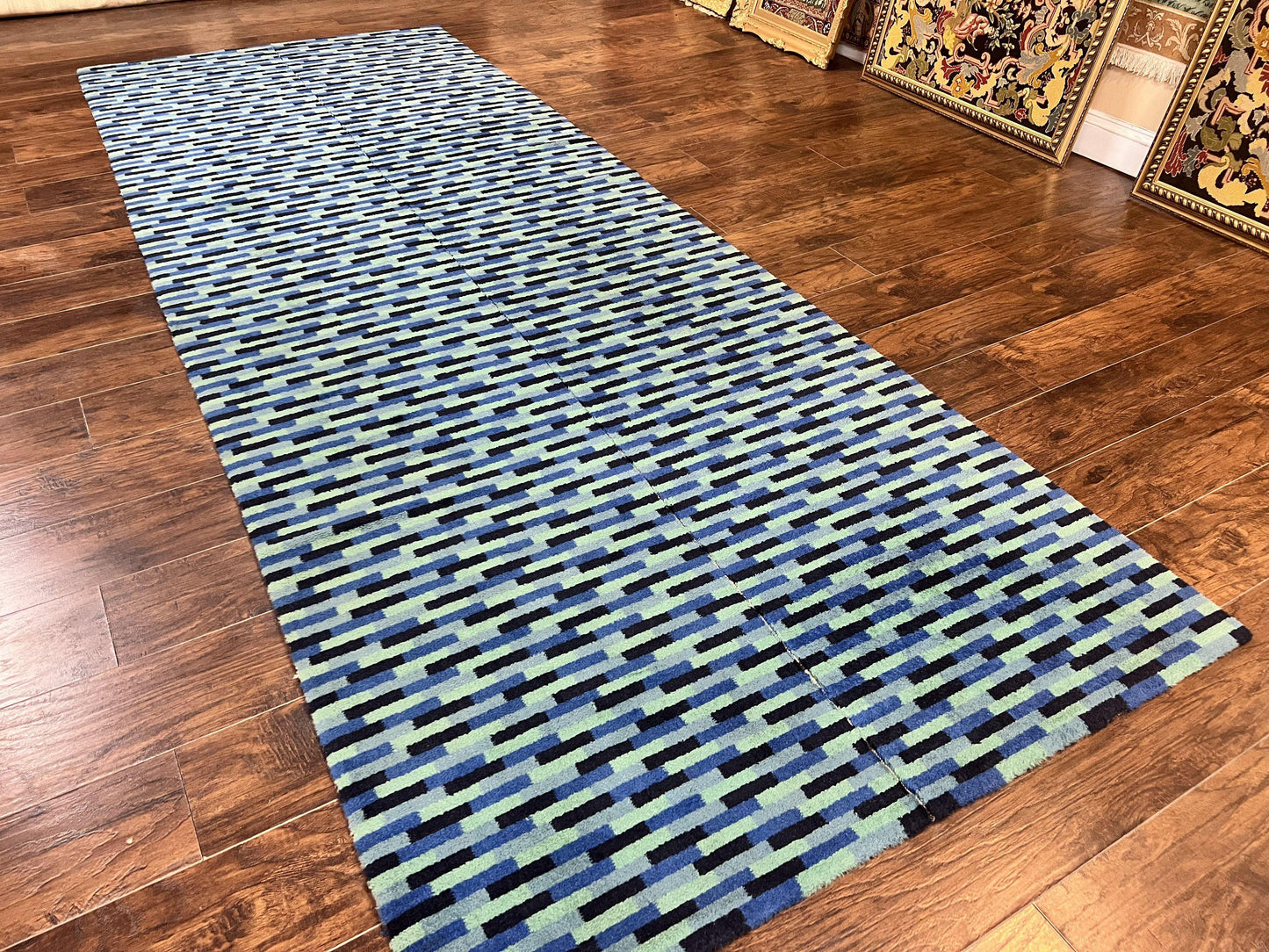 Wide Runner Rug 4.7 x 12, Blue Multicolor Contemporary Wool Power Loomed Rug, Mosiac Design