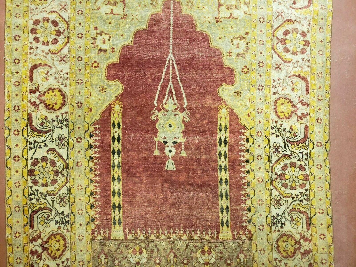 4' 5" X 7' Antique HandmadeTurkish Prayer Melas Oushak Wool Rug Mehrab Nice