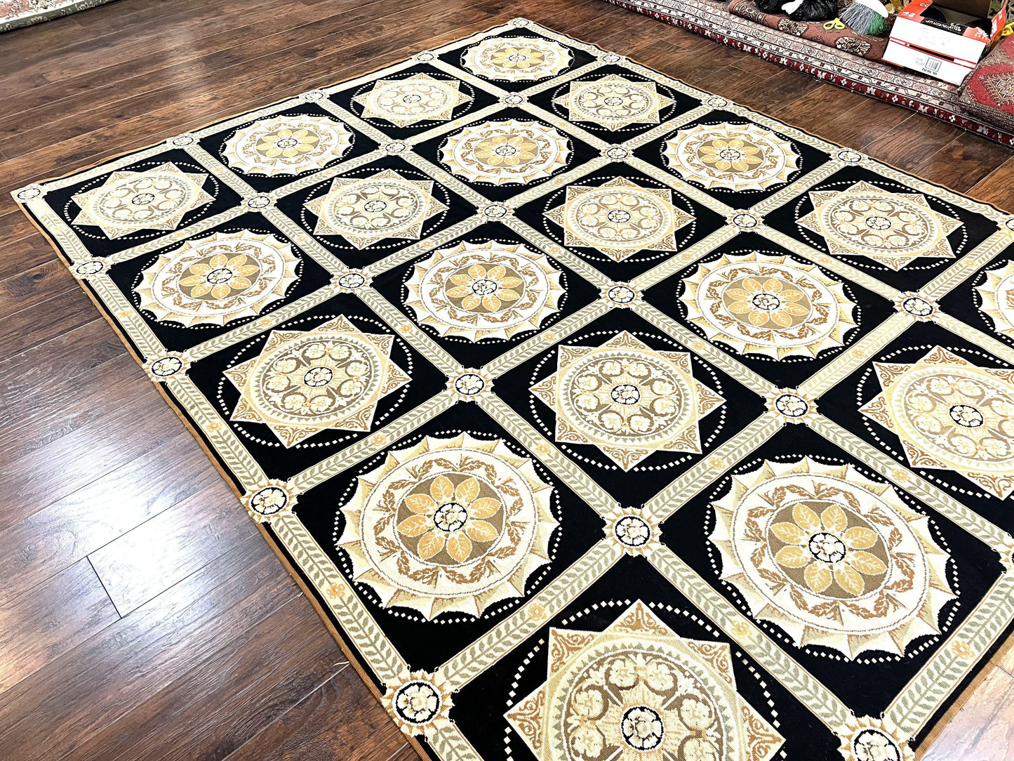 Needlepoint Rug 8x10, Black Tan Beige, Panel Design, Wool Handwoven Handmade Flatweave Needlepoint Carpet, Vintage French European Rug