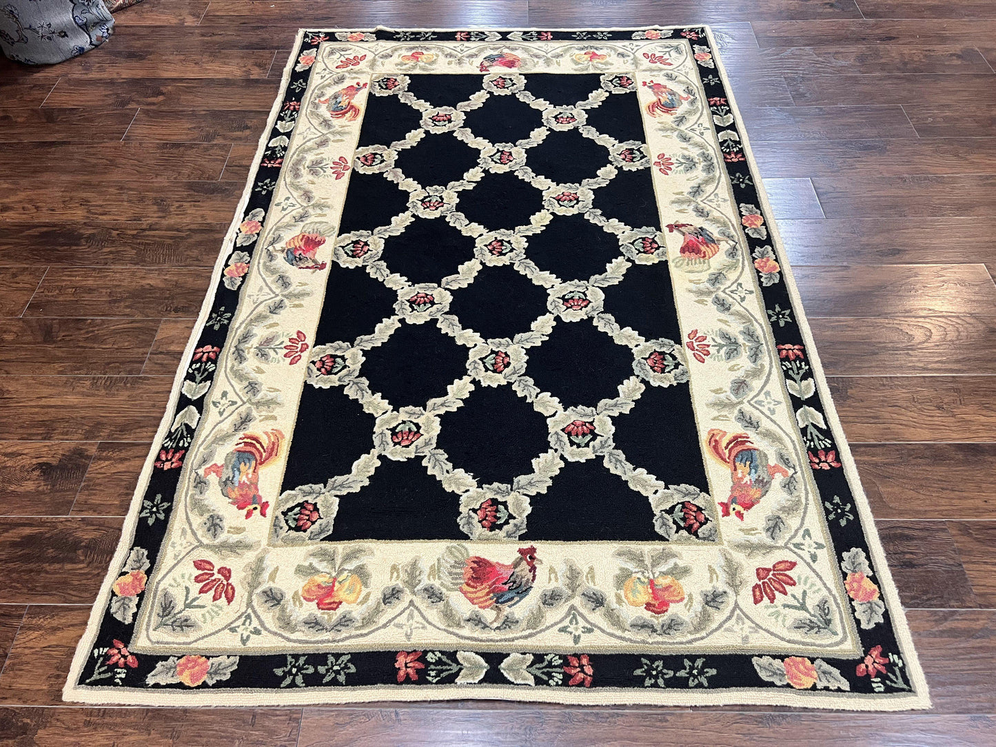 Hooked Rug 5x8, European Aubusson Pattern, Black and Ivory, Roses & Roosters, Vintage Wool Rug
