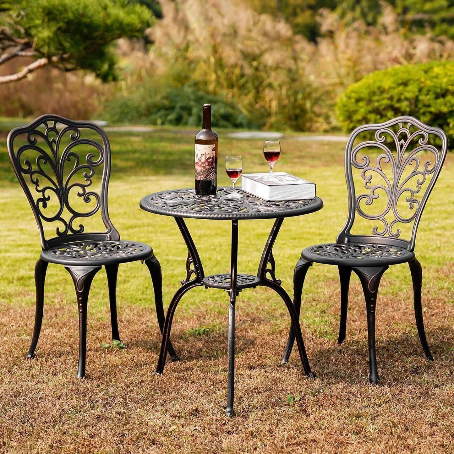 3 Piece Cast Aluminum Outdoor Patio Bistro Set With Umbrella Hole In Brown All Weather Durable