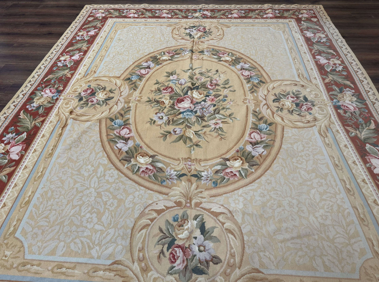 Needlepoint Rug 8x10, Aubusson Savonnerie European Carpet, Floral, Elegant
