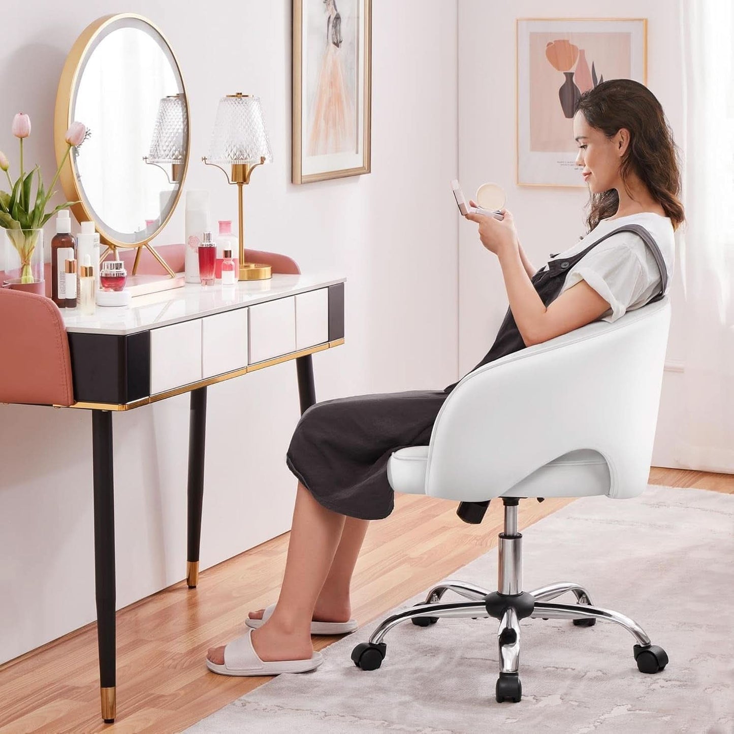 White Tufted Barrel Back Office Chair With Swivel Base