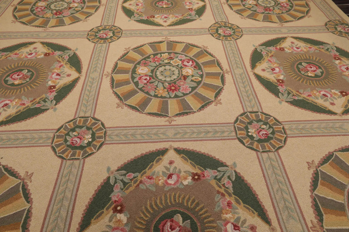 9x12 Beige Hand Hooked 100% Wool Traditional French Aubusson Oriental Area Rug