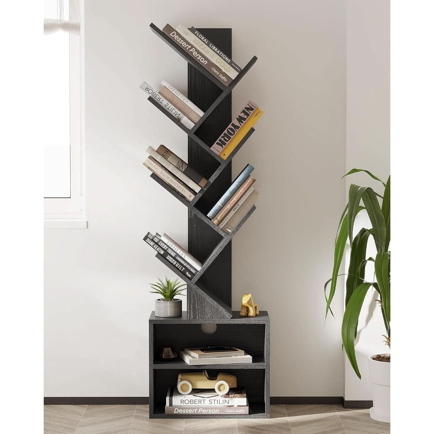 6 Tier Tree Bookshelf Black Floor Standing Storage Cabinet