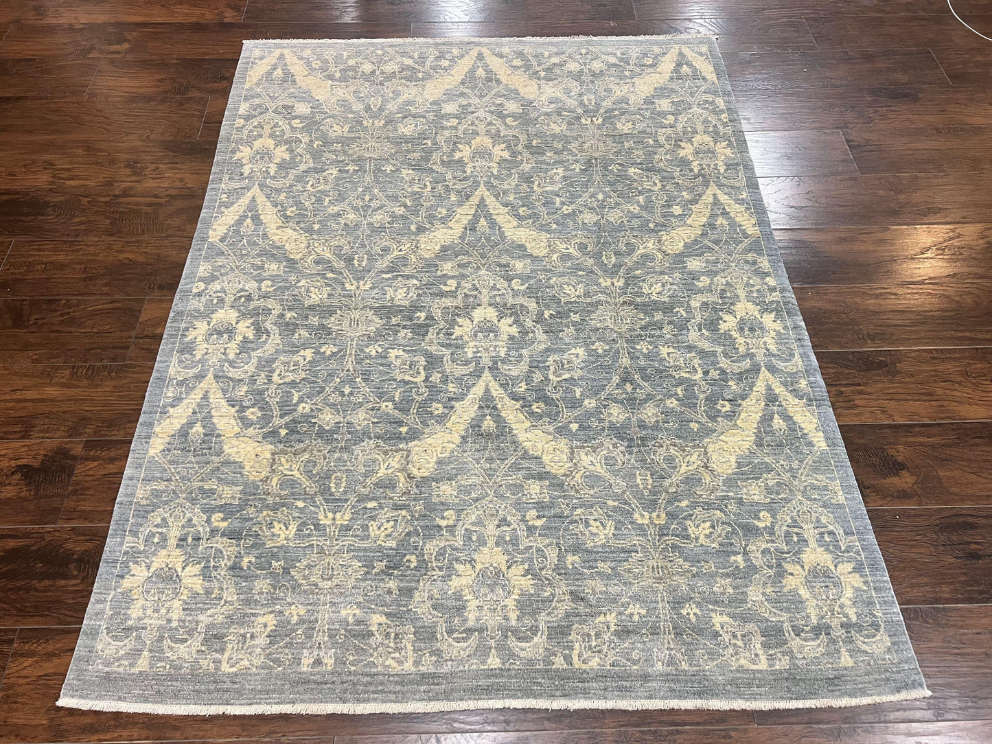 Contemporary Pakistani Rug 5 x 6.6, Handmade Floral Wool Rug, Spanish Pattern