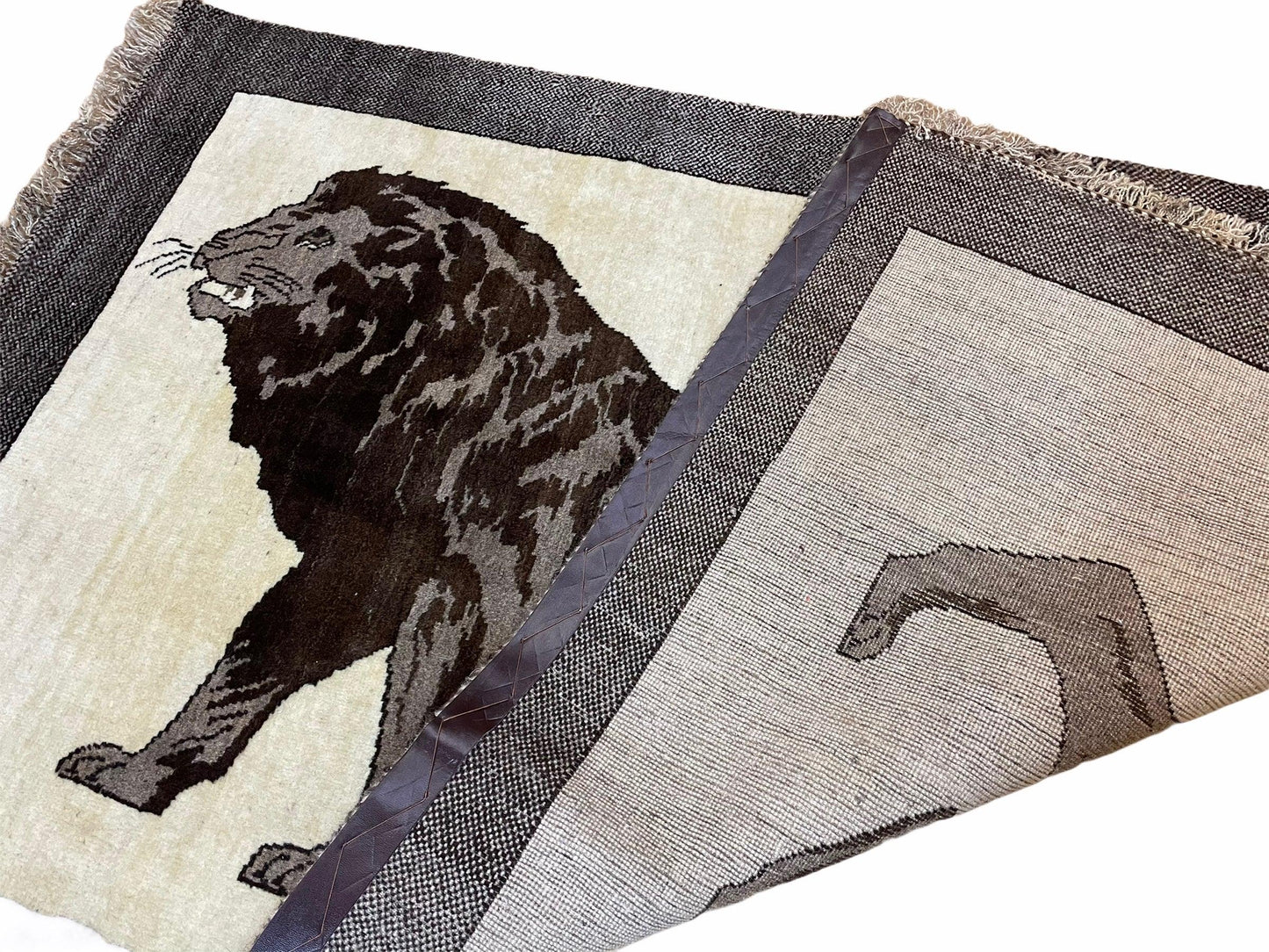 3 x 5 Handmade Rug Brown Beige Hand-Knotted Lion Rug New Vintage Quality Animal
