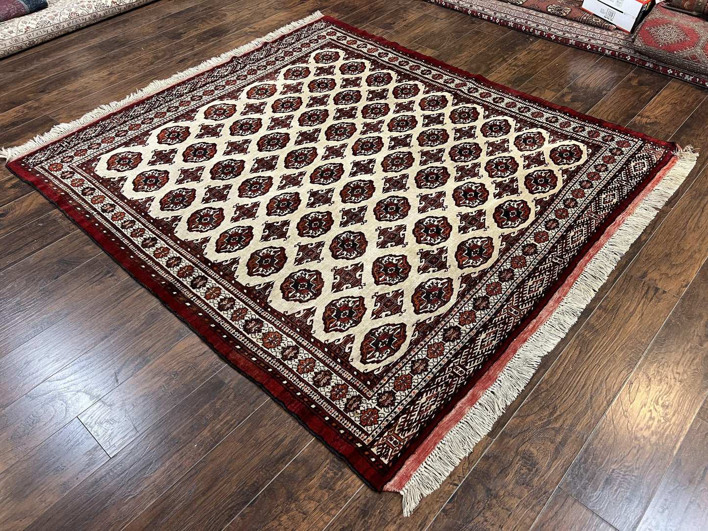 Persian Turkoman Rug 7x8, Almost Square Rare, Hand Knotted, Yamud, Bohemian Rug, Handmade Tribal Rug, Cream Red, Handmade Oriental Carpet