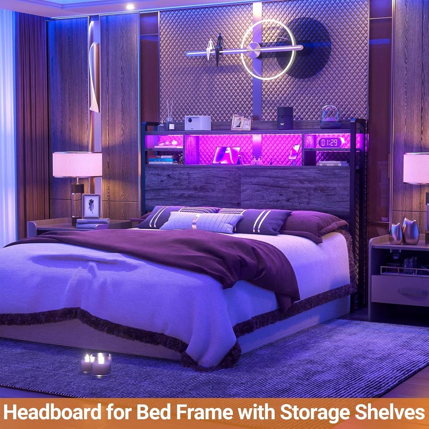 Modern Queen Size Headboard with Storage and USB Ports